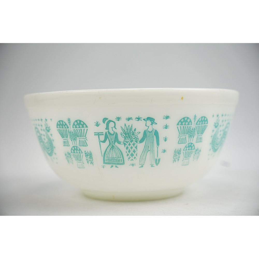 Pyrex Mixing Bowl 403 White Turquoise Butterprint Farm Amish Pattern 2 1/2 Quart